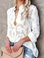 Women's Jacquard Semi-Sheer Long Sleeve Shirt – Elegant Single-Breasted Loose Blouse, Sheer Floral Top for Women, Casual & Dressy, Sizes S-XXL, White Black Blue Yellow