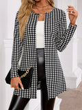 Houndstooth Open Front Cardigan Outwear Women Long Sleeve Loose Coat Spring Fall Fashion Black White Plaid Jacket Casual Streetwear