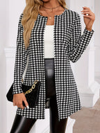 Houndstooth Open Front Cardigan Outwear Women Long Sleeve Loose Coat Spring Fall Fashion Black White Plaid Jacket Casual Streetwear