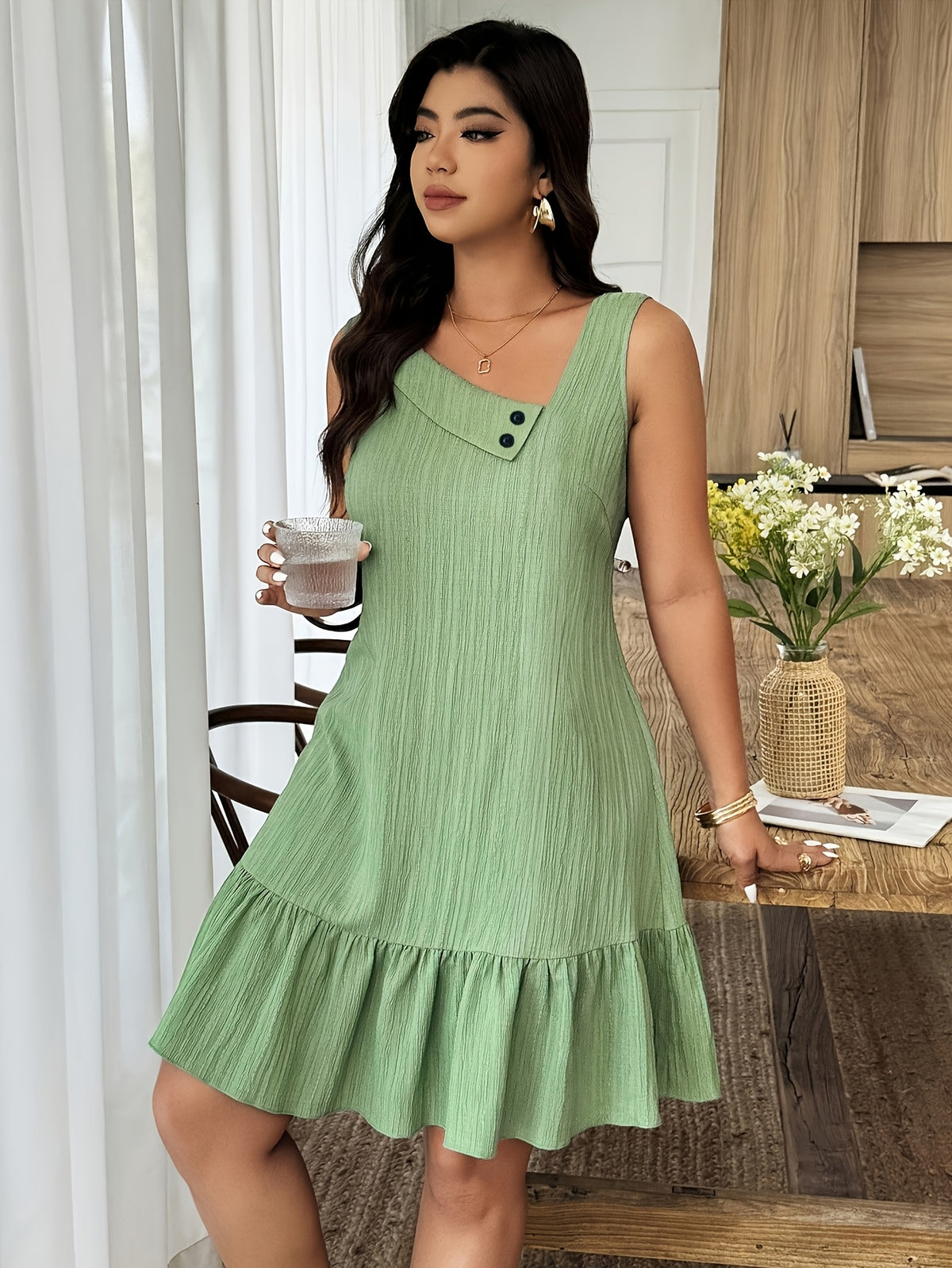 Women's Sleeveless Asymmetric Neck Dress – Solid Color 100% Polyester Woven Spring & Summer Fashion Dress for Casual & Elegant Occasions