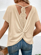 Women's Lace Patchwork T-Shirt - Solid Color Short Sleeve Top Casual Summer Blouse Elegant Fashion Ladies Tee New Arrival
