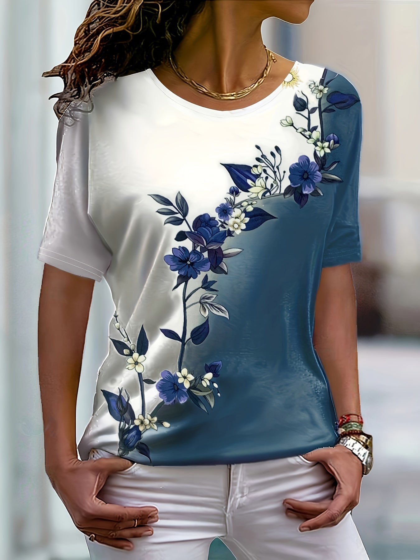 Women's Floral Print Short Sleeve T-Shirt Round Neck Slim Fit Color Block Casual Top Summer Trendy Streetwear S M L XL XXL
