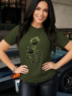 Women's Rose Pattern Crew Neck T-Shirt Elegant Casual Breathable Lightweight Knit Top - Floral Print Short Sleeve Tee for Spring Summer Daily Wear Brunch Outfits