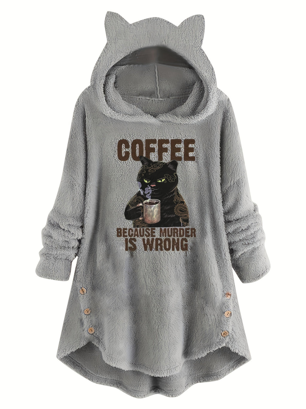Cat Ear Teddy Fleece Hoodie Women Funny Cat Slogan Print - Cozy Fluffy Sweatshirt with Button Detail, Coffee Because Murder Is Wrong Graphic Hoodie, Grey Burgundy Black S-XXL