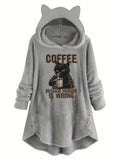 Cat Ear Teddy Fleece Hoodie Women Funny Cat Slogan Print - Cozy Fluffy Sweatshirt with Button Detail, Coffee Because Murder Is Wrong Graphic Hoodie, Grey Burgundy Black S-XXL