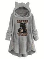 Cat Ear Teddy Fleece Hoodie Women Funny Cat Slogan Print - Cozy Fluffy Sweatshirt with Button Detail, Coffee Because Murder Is Wrong Graphic Hoodie, Grey Burgundy Black S-XXL