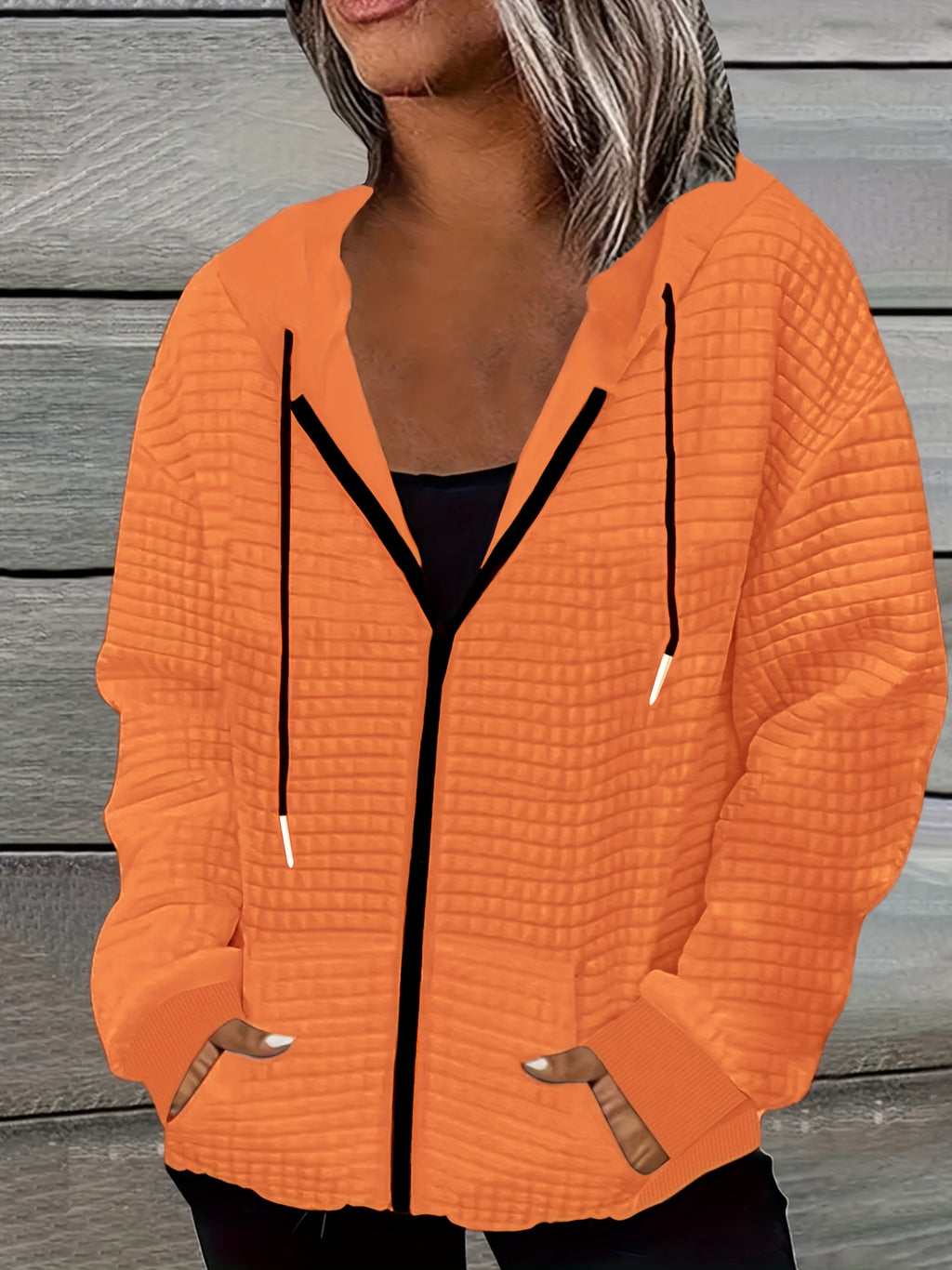Dog Print Zip Up Hoodie Women Waffle Casual Sweatshirt Drawstring Geometric Pattern – 100% Polyester Machine Washable S-XXL Pink Black Grey Orange-Red
