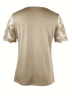 Women's Square Neck Short Sleeve Top – Solid Color Mesh Embroidery Lace Tunic, Elegant Casual Summer Blouse, Sizes S-XXL, Khaki
