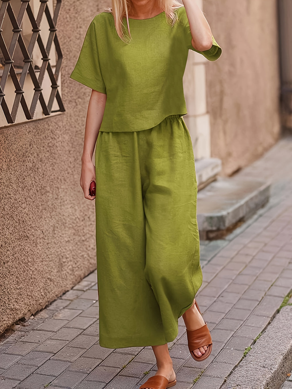 Women's 2 Piece Pantsuit Set Casual Elegant Solid Color Crew Neck Short Sleeve Top Wide Leg Pants All Season Wear Loose Fit Outfit S M L XL XXL