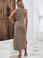 Women's Heart Print V-Neck Sleeveless Midi Dress Side Slit Loose Casual Summer Tank Dress Knit Fabric Camel Grey Black Beach Vacation