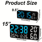 Large Screen LED Alarm Clock with Auto-Dimming Remote Control – 15 Inch Digital Clock Displays Time, Date, Week, Temperature & Humidity – Bedroom Bedside Clock for Seniors, Living Room, Office Desk