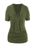 Women's Front Eyelet Strappy T-Shirt V-Neck Casual Stretch Smooth Knit Spring Summer Fall Everyday Top Trendy Cutout S M L XL XXL