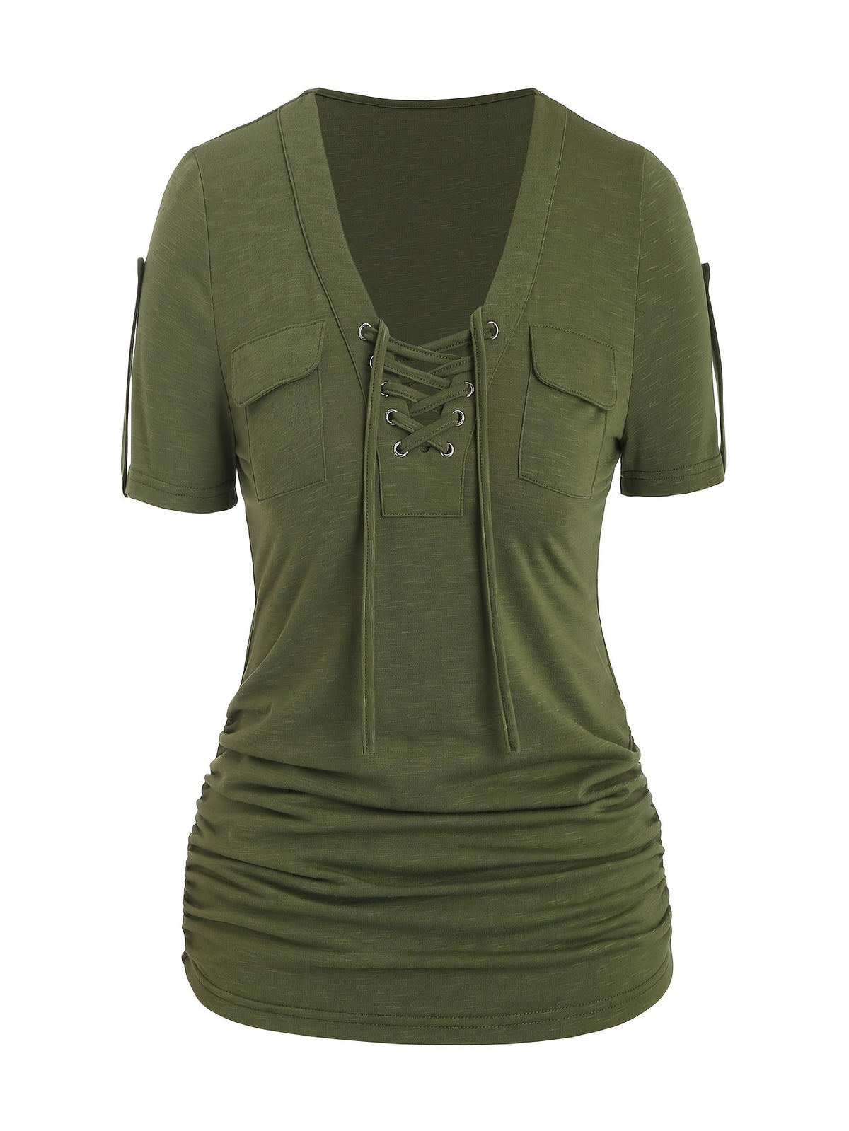 Women's Front Eyelet Strappy T-Shirt V-Neck Casual Stretch Smooth Knit Spring Summer Fall Everyday Top Trendy Cutout S M L XL XXL