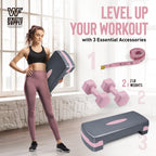 Adjustable Height Aerobic Stepper Set with 2 Dumbbells & Measuring Tape – Non-Slip Exercise Step Platform with Level Risers, 550 LB Capacity, Home Gym Workout Equipment for Cardio & Weight Loss
