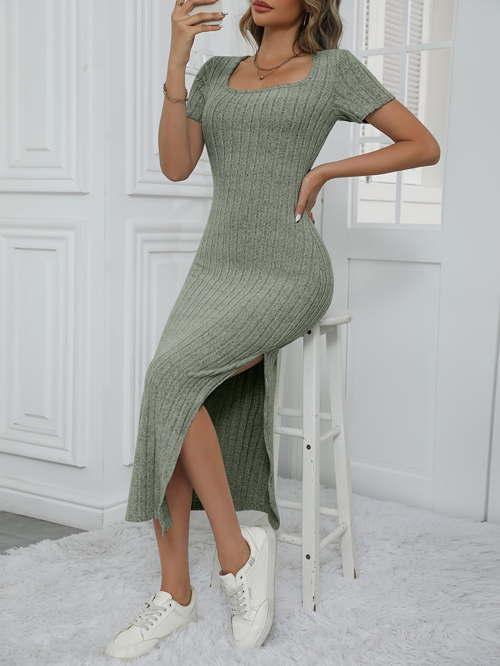 Women's Elegant Long Slit Bodycon Dress | Boat Neck Suede Solid Color Maxi Dress with Side Split Stretchy Formal Evening Party Wear