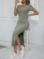 Women's Elegant Long Slit Bodycon Dress | Boat Neck Suede Solid Color Maxi Dress with Side Split Stretchy Formal Evening Party Wear