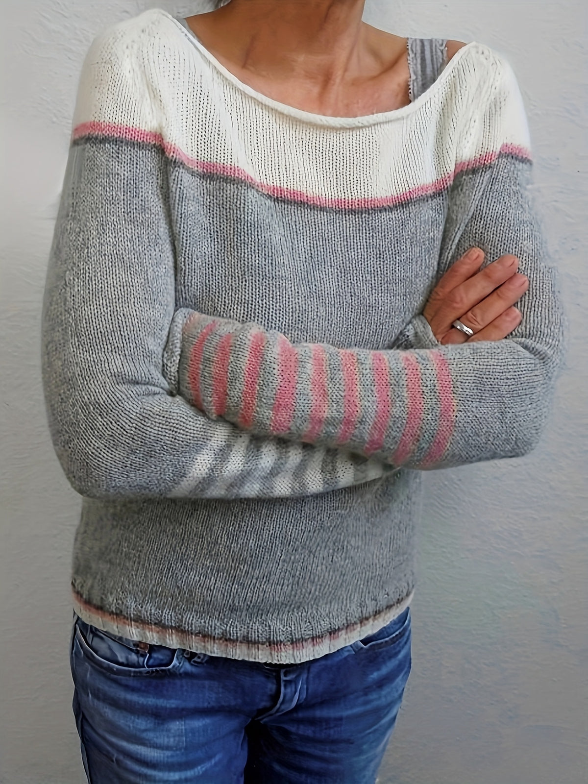 Women's Asymmetric Color Block Stripe Knit Sweater Long Sleeve - Off Shoulder Wide Neck Patchwork Pullover, Casual Chic Spring Fall Top in Grey Blue Green Purple S-XL