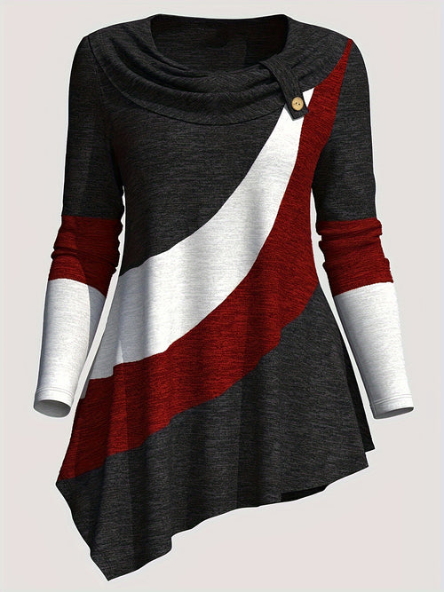 Color Block Patchwork Long Sleeve Top Women Irregular Hem Wide Lapel Knit Casual Spring Fall Black Mixed Colors S M L XL XXL