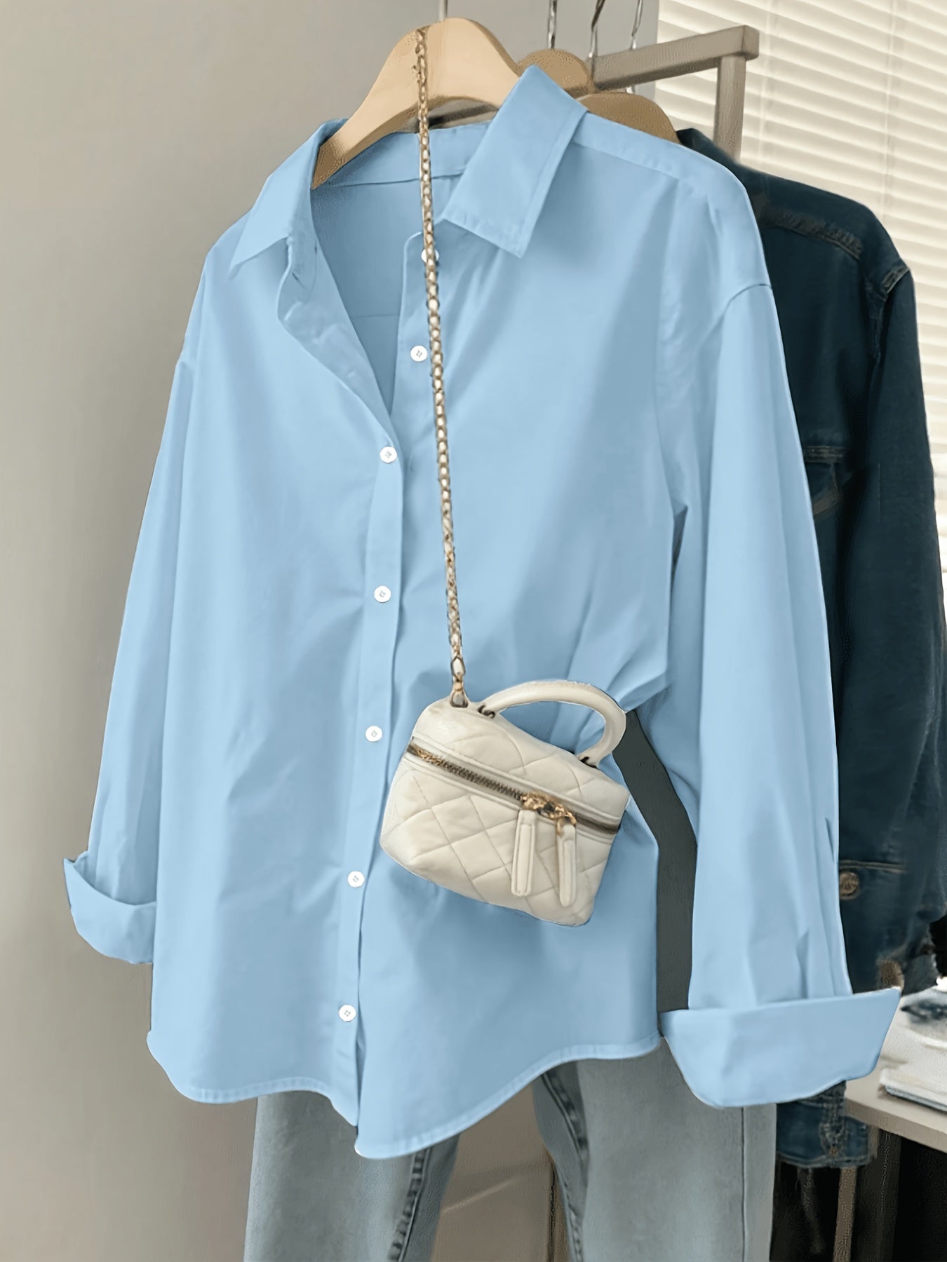 Women's Long Sleeve Button Down Shirts Solid Color Casual Loose Fit Blouse Tops for Women Classic Collar Office Work Shirt