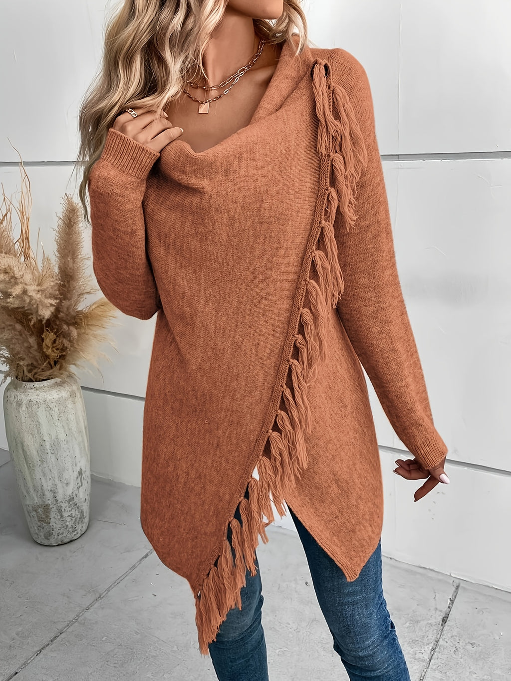 Women's Fringed Shawl Cardigan with Draped Neckline - Fringe Trim Wrap Sweater for Fall Winter, Solid Color Loose Knit Poncho Shawl S M L XL XXL