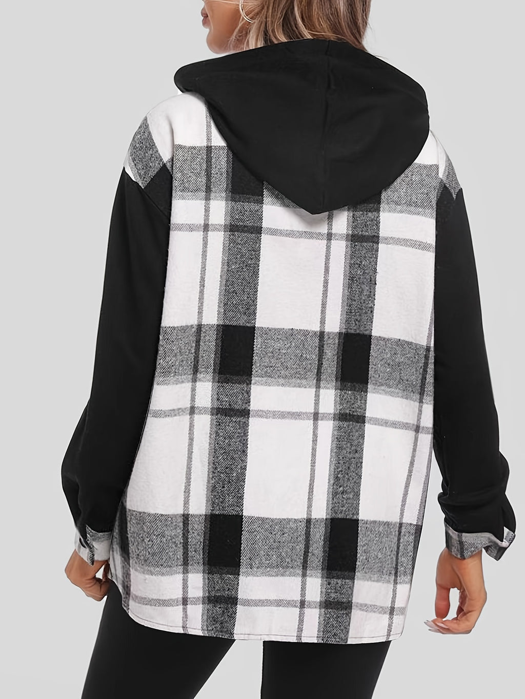 Plaid Hooded Jacket Women Drop Shoulder Woven Patch Pocket Casual Outerwear 100% Polyester Suede PU Black White S M XXL