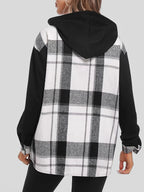 Plaid Hooded Jacket Women Drop Shoulder Woven Patch Pocket Casual Outerwear 100% Polyester Suede PU Black White S M XXL