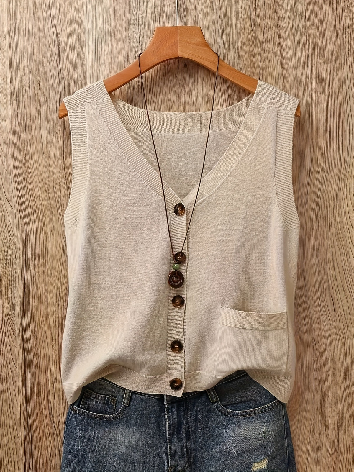 Artistic Vintage Knit Vest Women Loose V-Neck Sleeveless Cardigan Button Down with Pocket Spring Summer 2026 Collection – Acrylic Soft Knit