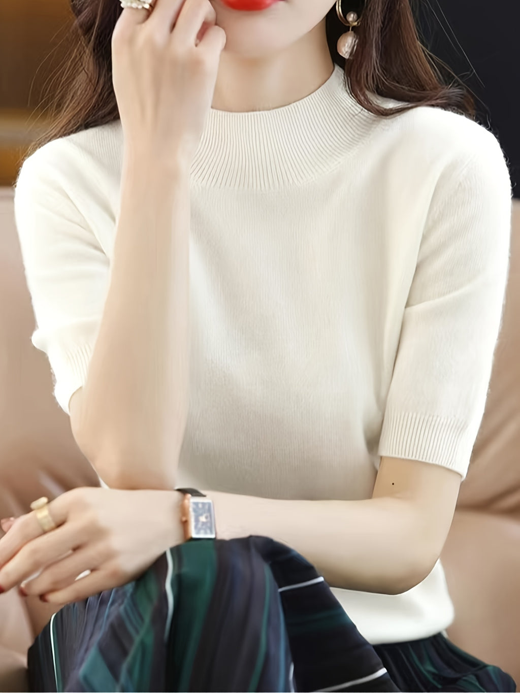 Women's Crew Neck Pullover Sweater Elegant Solid Color Short Knit Top Rib-Trim Stretchy Half-Neck Base Layer Shirt for Women
