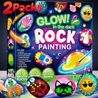 Glow in the Dark Rock Painting Kit for Kids Ages 6+ Arts and Crafts Set with 10 Rocks 6 Standard 6 Metallic 5 Glow Paints Brushes Gems Stickers Non-Toxic Birthday Easter Gift Boys Girls