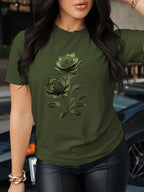 Women's Rose Pattern Crew Neck T-Shirt Elegant Casual Breathable Lightweight Knit Top - Floral Print Short Sleeve Tee for Spring Summer Daily Wear Brunch Outfits