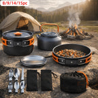 Camping Cookware Mess Kit 8/9/14/15 Piece, Portable Non-Stick Aluminum Alloy Camp Cook Set with Kettle Pot Frying Pan Plates Utensils, Lightweight Backpacking Outdoor Cooking Gear for Hiking & Travel