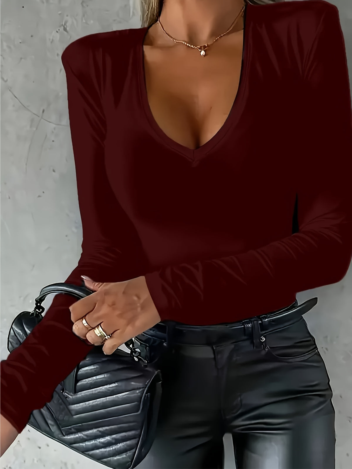 Y2K Deep V-Neck Sexy Bodycon Long Sleeve T-Shirt Women Fitted Stretch Top Solid Color Slim Fit Base Layer Inner Wear Casual Going Out Top