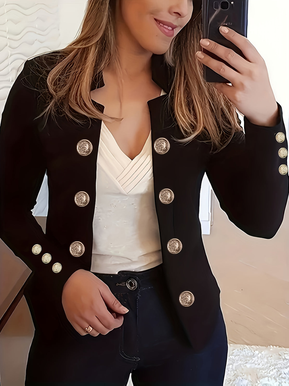 Women's Solid Color Long Sleeve Casual Jacket | Lapel Button Lightweight Stretch Blazer Coat for Spring Fall Everyday Outerwear