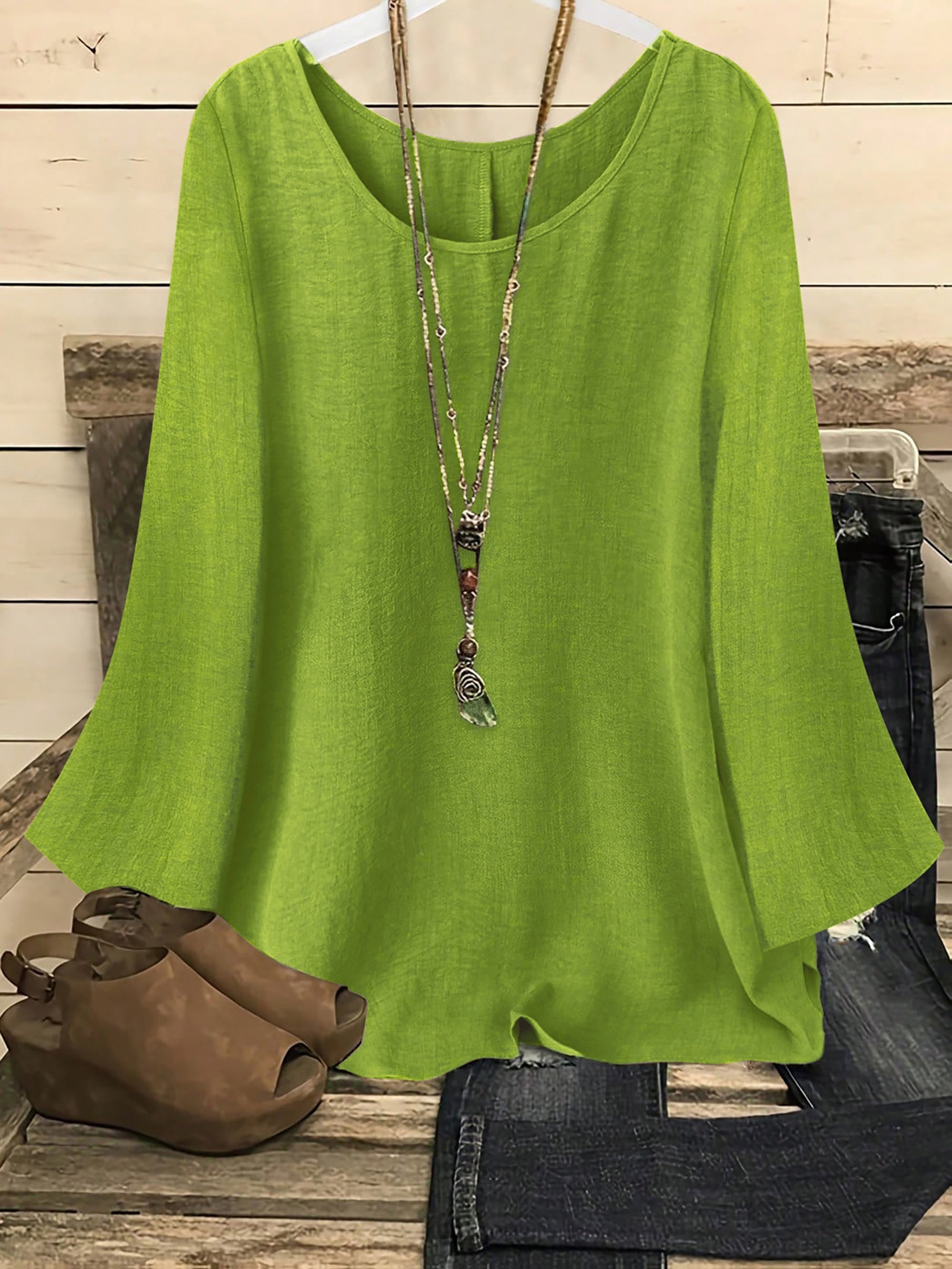 Women's Flared Long Sleeve Crew Neck Solid Shirt Casual Western Blouse Top S-XXL Multiple Colors