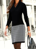 Women's V-Neck Suede Knit Dress – Color Block Micro Stretch PU Fabric Midi Dress for Fall Winter, Elegant Casual Bodycon Style, Sizes S-XXL, Black & White