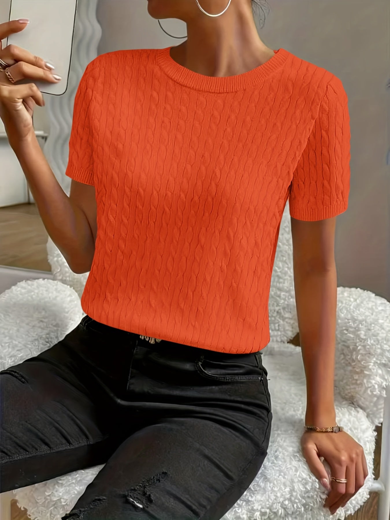 Women's Ribbed Knit Short Sleeve Pullover Top | Crew Neck Minimalist Casual Summer T-Shirt Versatile Stretch Comfort
