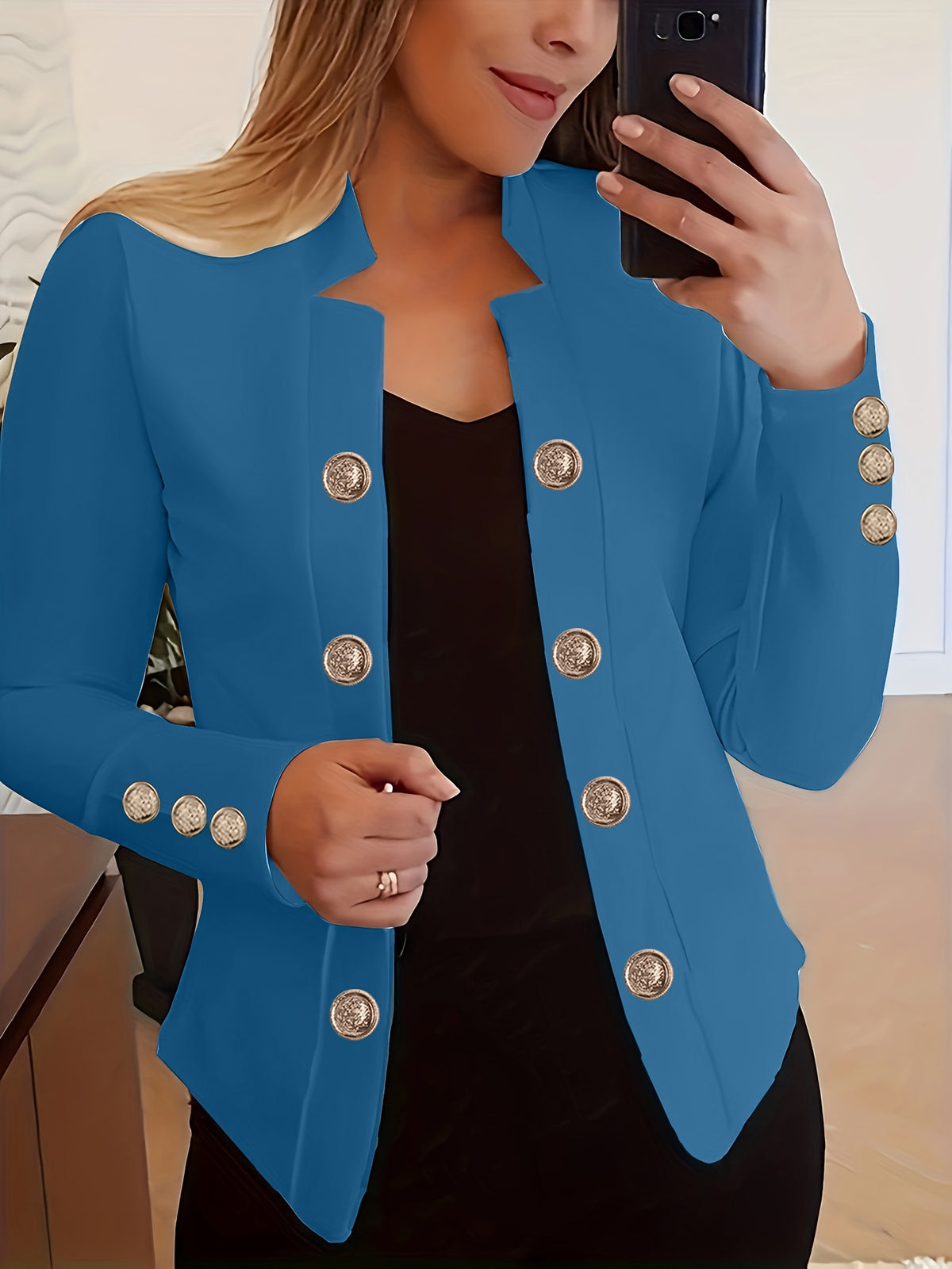 Women's Solid Color Long Sleeve Casual Jacket | Lapel Button Lightweight Stretch Blazer Coat for Spring Fall Everyday Outerwear