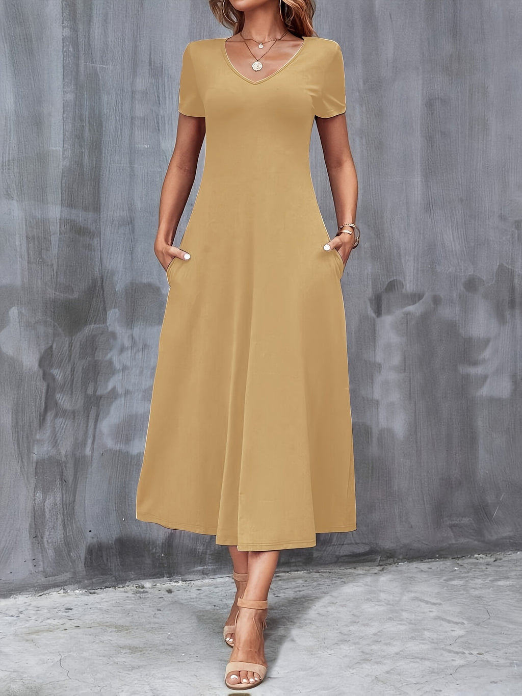 V-Neck A-Line Dress with Pockets Women Short Sleeve Casual Solid Color Knit Stretch Machine Washable Blue Black Navy Burgundy Olive Dark Green S M L XL XXL