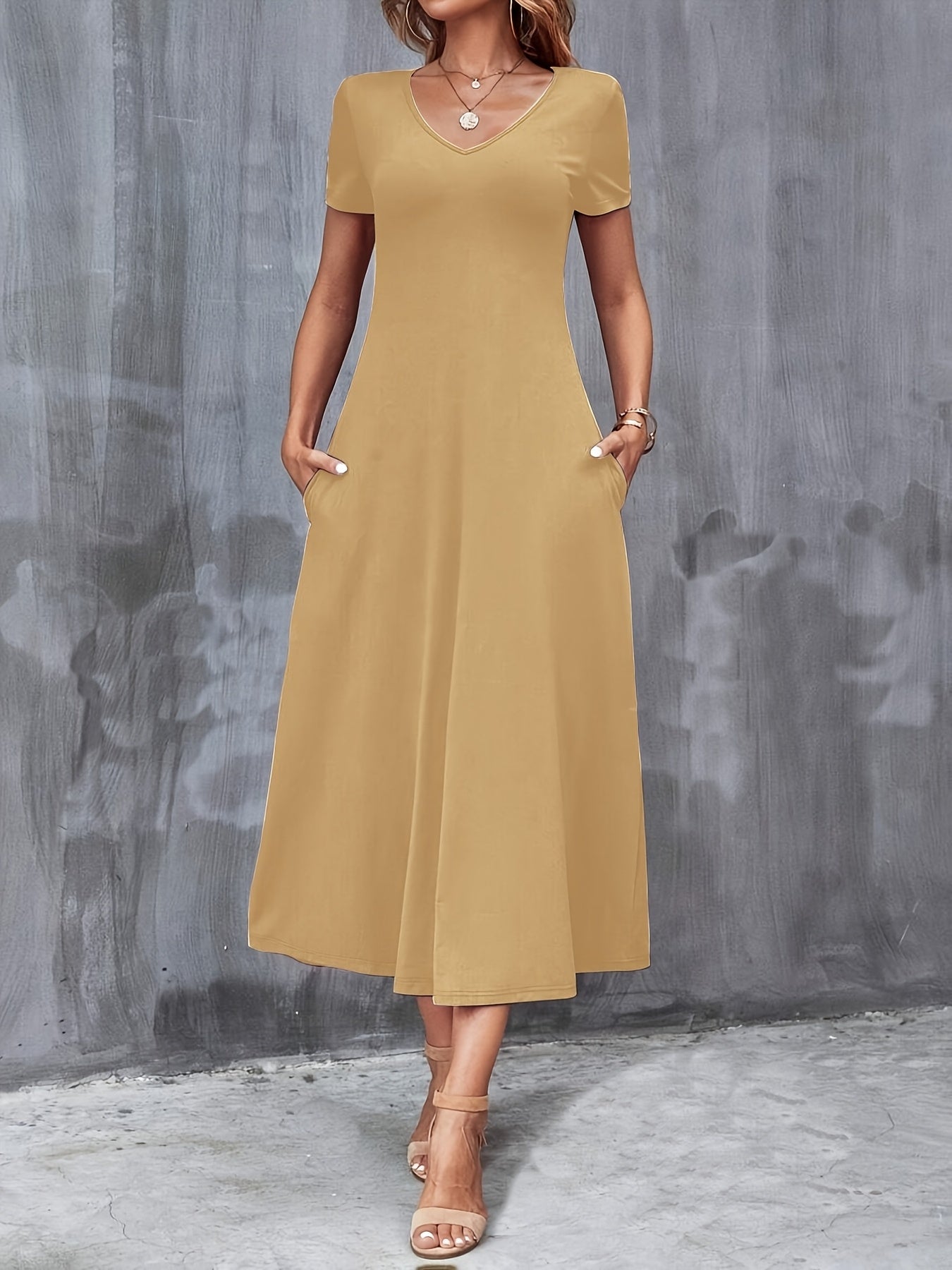 V-Neck A-Line Dress with Pockets Women Short Sleeve Casual Solid Color Knit Stretch Machine Washable Blue Black Navy Burgundy Olive Dark Green S M L XL XXL