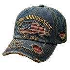 Patriotic Embroidered Distressed Denim Baseball Cap & Wristband Set – USA 250th Anniversary Independence Day Gift, American Flag Theme, Adjustable Unisex Hat for 4th of July Celebrations