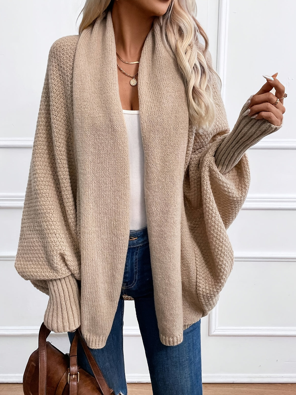 Batwing Sleeve Open Front Shawl Collar Cardigan Women Loose Knit Sweater Coat – Khaki Solid Color Lightweight Layering Outerwear