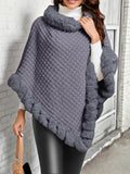 Women's Waffle Knit Shawl Poncho with Faux Fur Trim - Elegant Sleeveless High Neck Pullover, Solid Color Warm Cape Wrap for Fall Winter, 8 Colors One Size