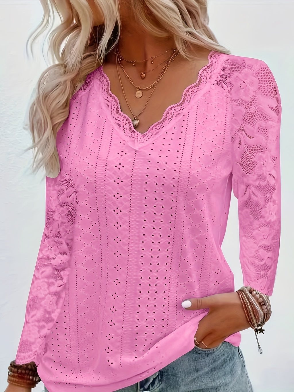 Women's Contrast Lace V-Neck Eyelet Long Sleeve T-Shirt - Elegant Floral Lace Trim Casual Top for Spring Fall