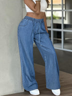Women's High-Waisted Wide Leg Jeans – Loose Fit Drawstring Elastic Waist, Solid Light Blue, Lightweight All-Season Casual Straight Trousers, Sizes XS-XL, Everyday Comfort Denim