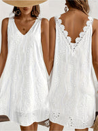 White Lace V-Neck Sleeveless Peplum Dress Women Casual Summer Beach Garden Vacation Dress Contrasting Lace Embellishment S-XXL
