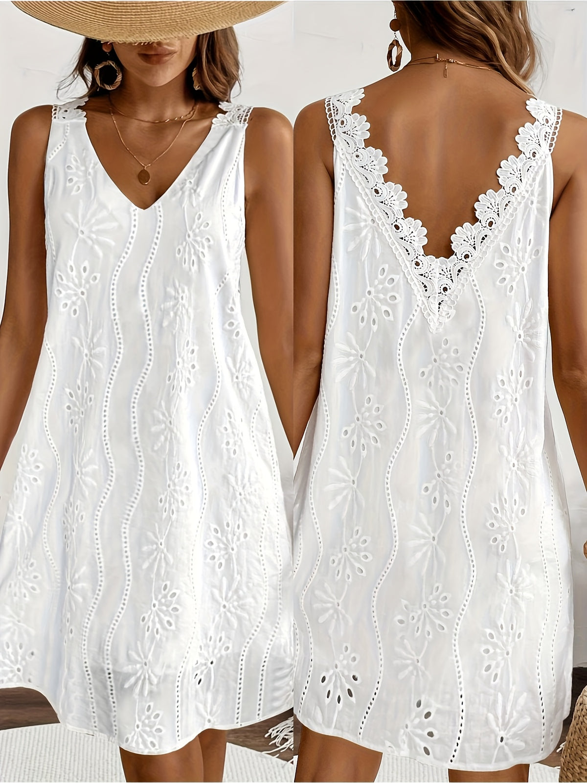 White Lace V-Neck Sleeveless Peplum Dress Women Casual Summer Beach Garden Vacation Dress Contrasting Lace Embellishment S-XXL