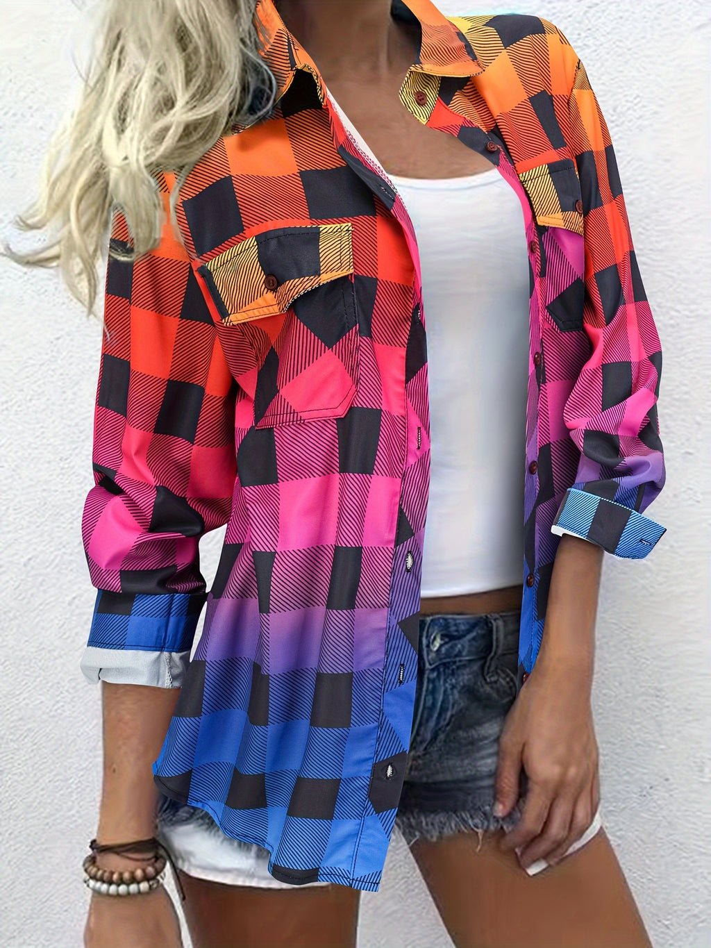 Women's Long Sleeve Plaid Shirt Gradient Color Block Print – Lightweight Button-Up Collar Casual Top with Chest Pockets, Machine Washable, Spring Fall Blouse Sizes S-XXL