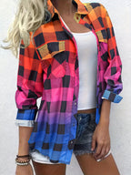 Women's Long Sleeve Plaid Shirt Gradient Color Block Print – Lightweight Button-Up Collar Casual Top with Chest Pockets, Machine Washable, Spring Fall Blouse Sizes S-XXL