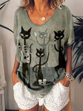 Women's V-Neck Animal Print T-Shirt – Casual Knit Stretch Top Olive Short Sleeve Everyday Tee S-XXL Soft Polyester Blend