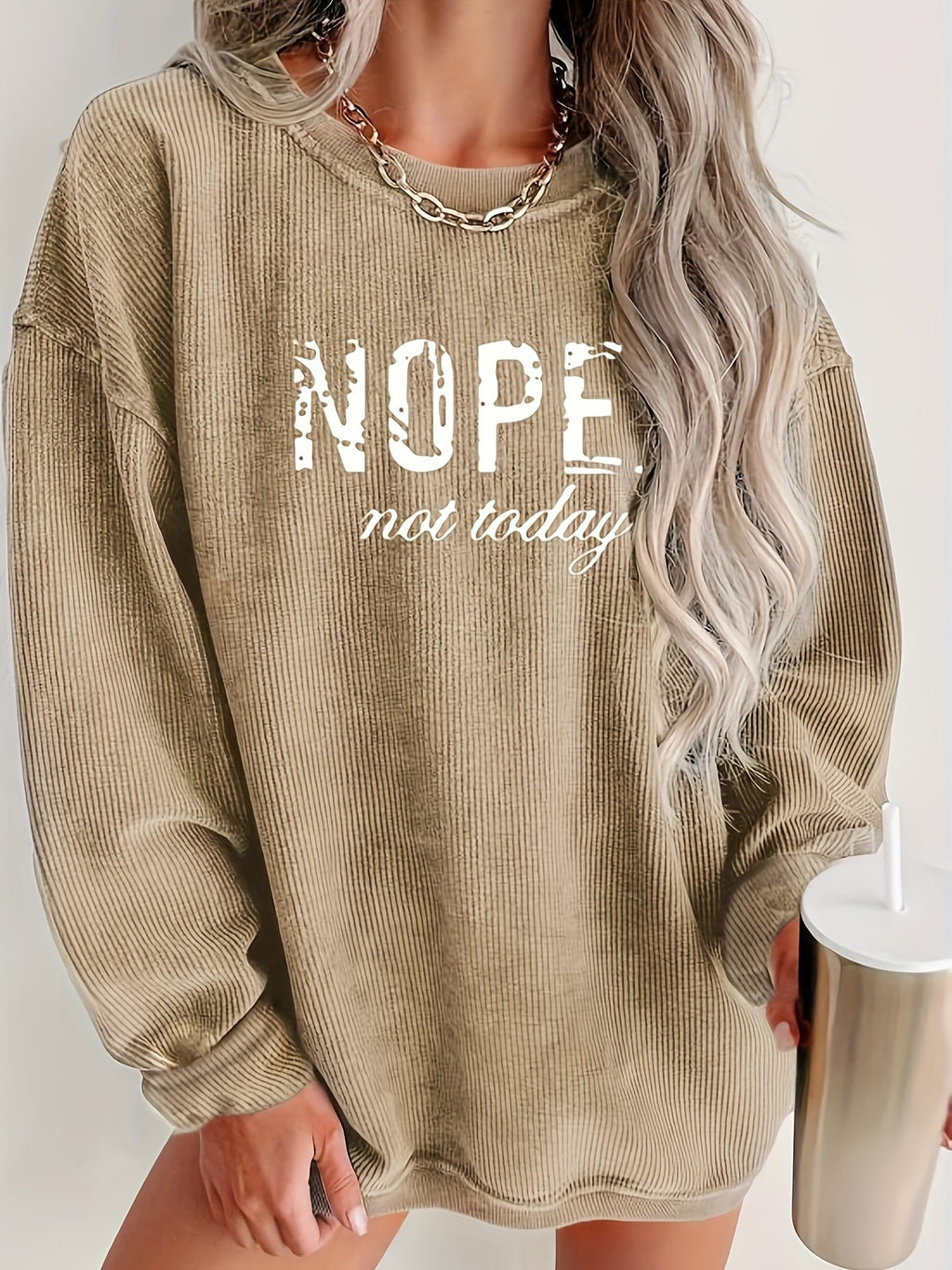 NOPE Printed Long Sleeve Top Women Crew Neck Graphic Shirt Casual Pullover S M L XL XXL Khaki Pink Letter Print